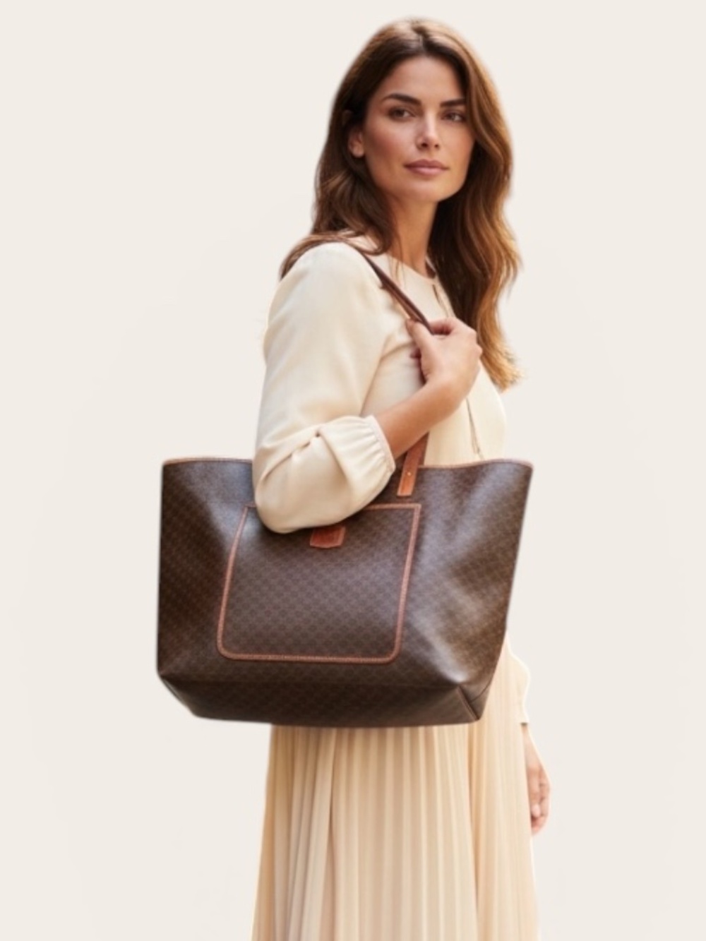 CELINE Macadam Pattern Large Tote Bag PVC Leather Brown